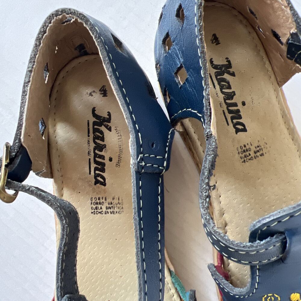 Karina Sz 4 Embroidered Flowers Boho Leather Sandal Made In Mexico/ Excellent - Picture 4 of 12